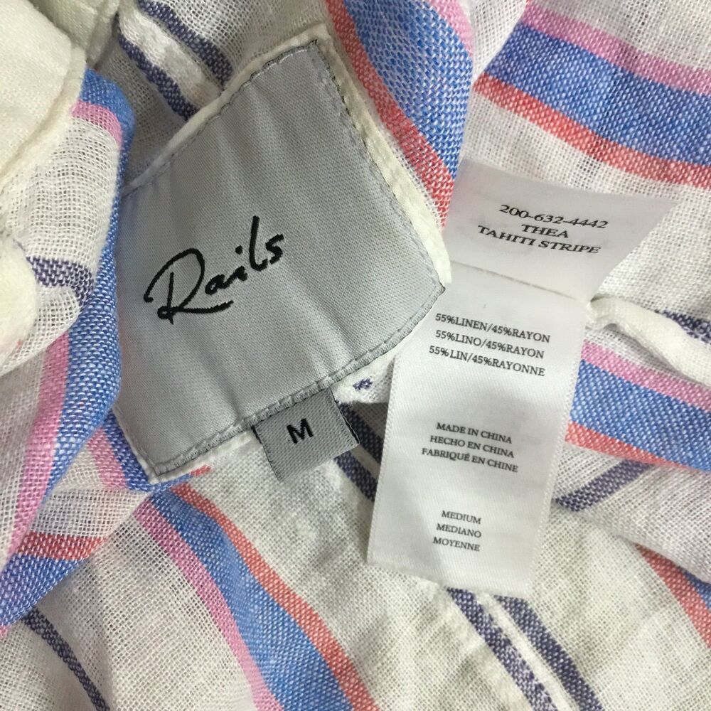 Beachy gauzy tie front button down shirt blue white stripes coastal grandma M - Picture 5 of 5